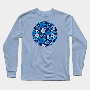 Blue Scandinavian flowers and birds Long Sleeve T-Shirt